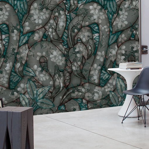 Carta da parati di ispirazione tropicale con fenicotteri Flamenco Inkiostro Bianco