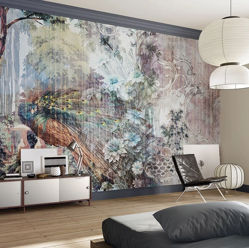 Carta da parati floreale con pavone Gaudy di Inkiostro Bianco