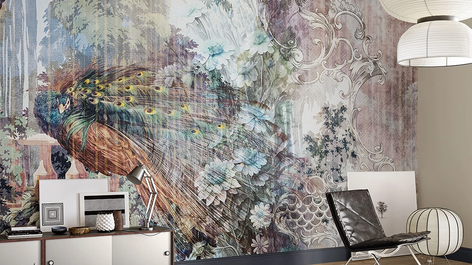 Carta da parati floreale con pavone Gaudy di Inkiostro Bianco