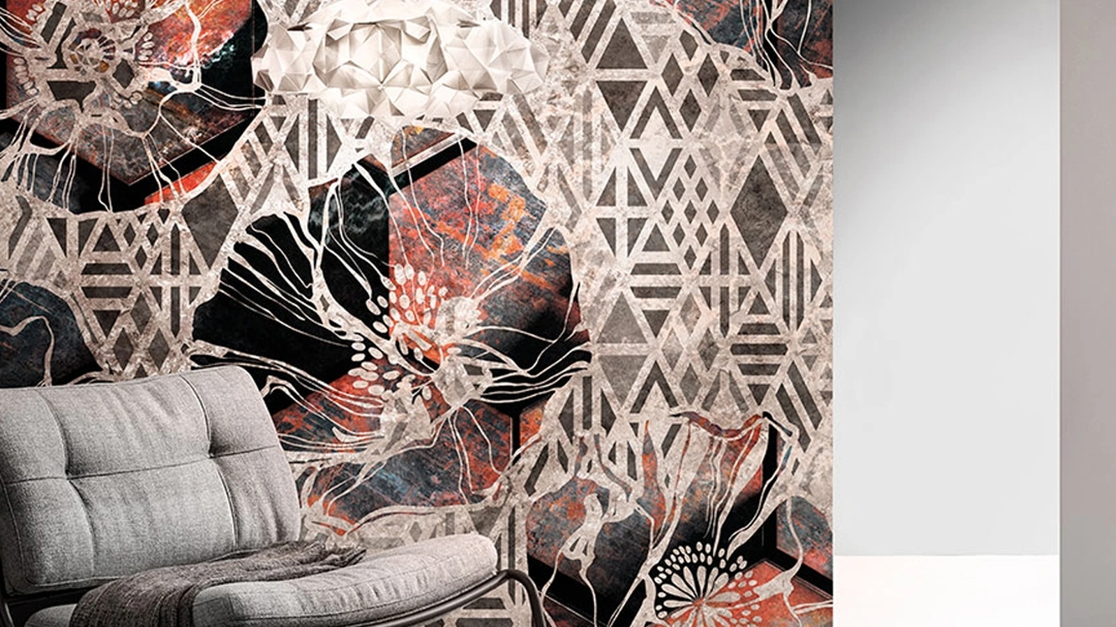 Carta da parati Goldenwall con illustrazione floreale geometrica Rustilux di Inkiostro Bianco
