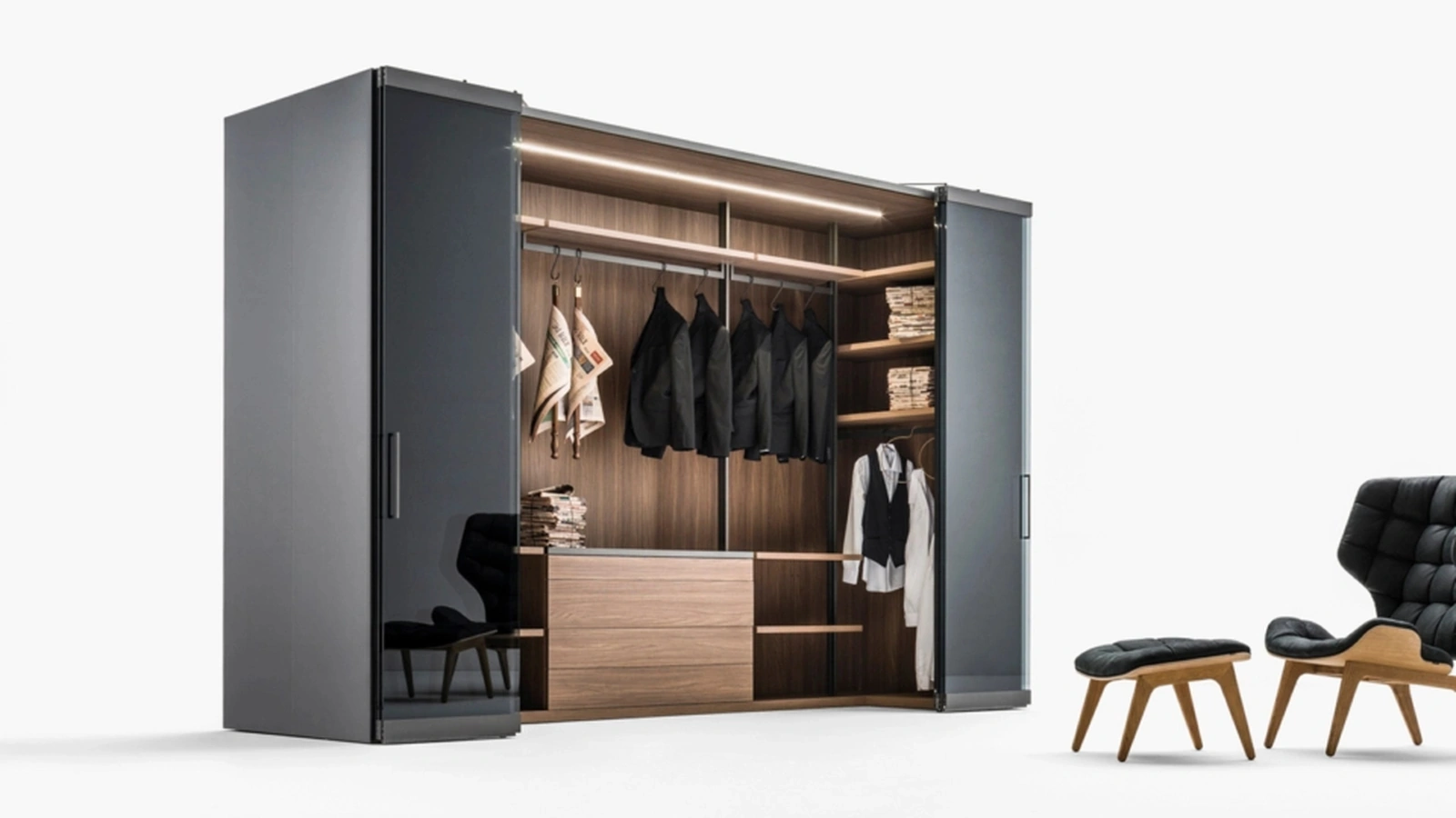 Cabina Armadio Freedhome compatta autoportante in vetro e laccato nero lucido Camerino Vetro di Caccaro