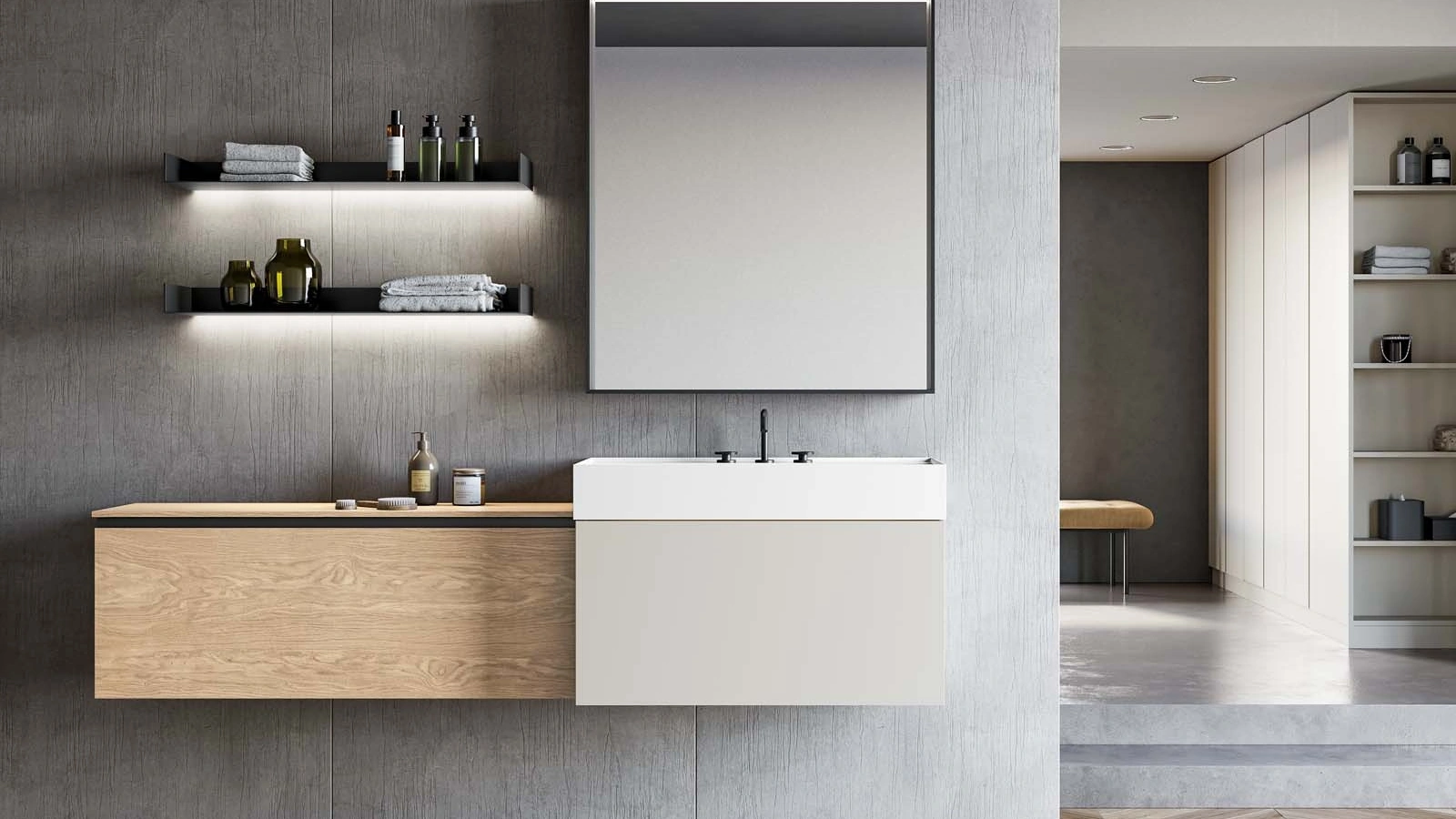 Mobile da Bagno sospeso in laccato opaco light grey e materico rovere Virginia Lapis 02 di Birex