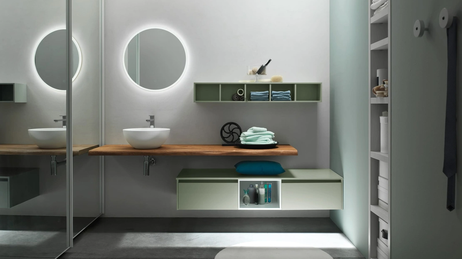 Mobile da Bagno sospeso laccato Salvia e Bianco opaco con top Corteccia chiaro Escape 31 di Arcom