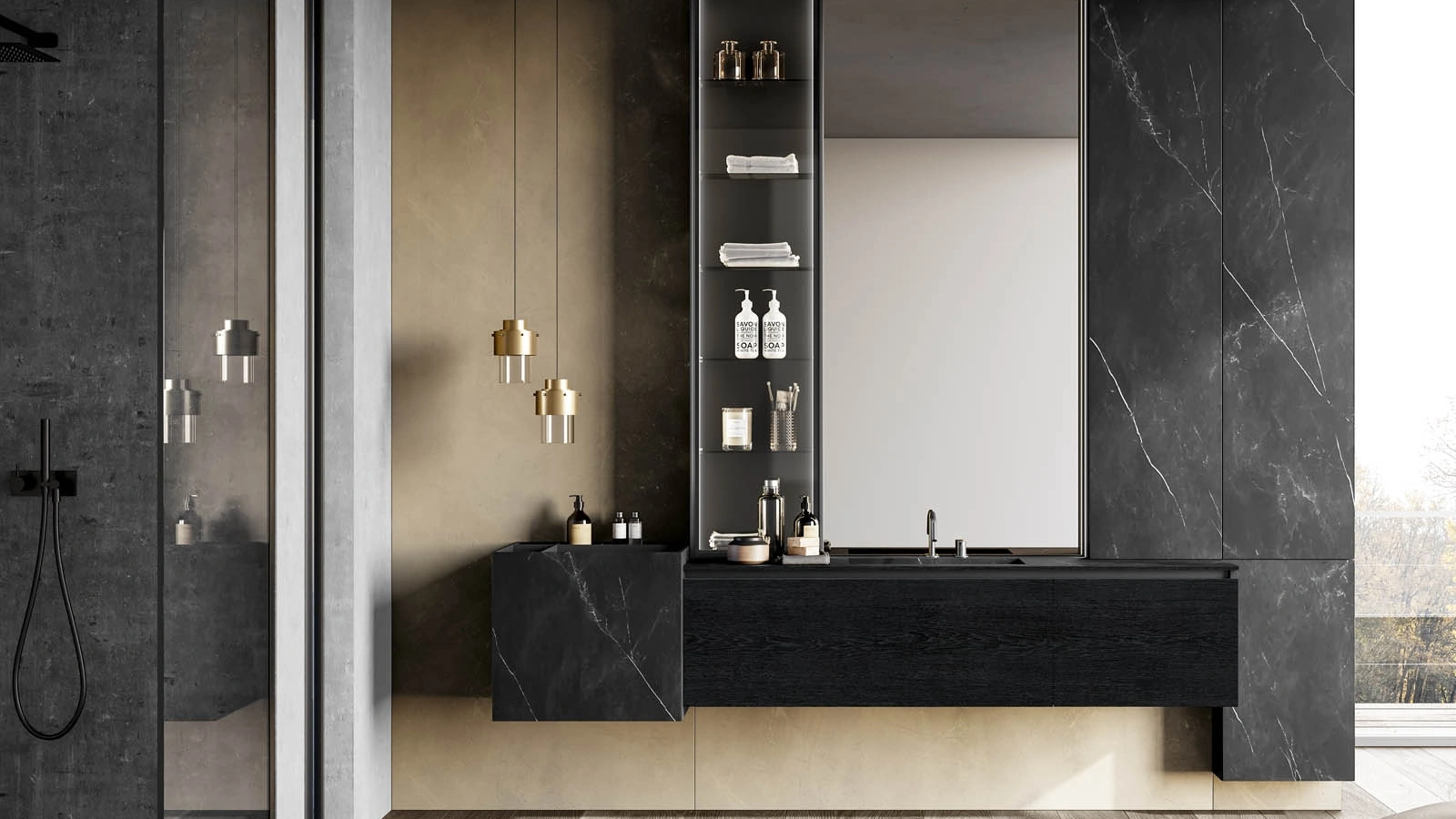 Mobile da Bagno sospeso Facto 08 in essenza rovere carbone e gres di Birex