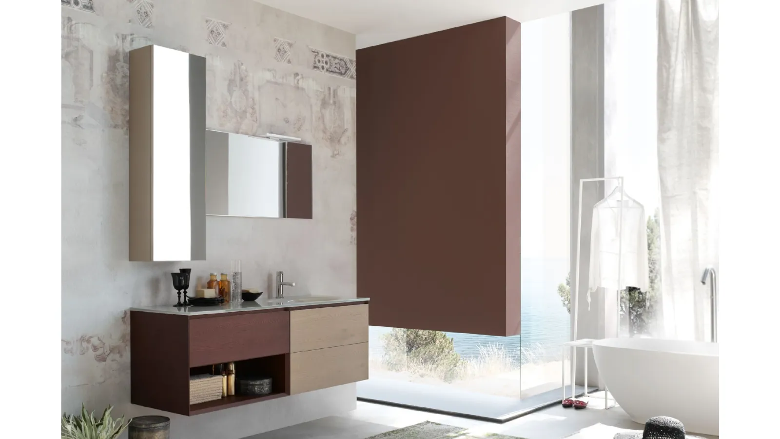 Mobile da Bagno sospeso La Fenice 13 in Rovere nodato con top in cristallo di Arcom