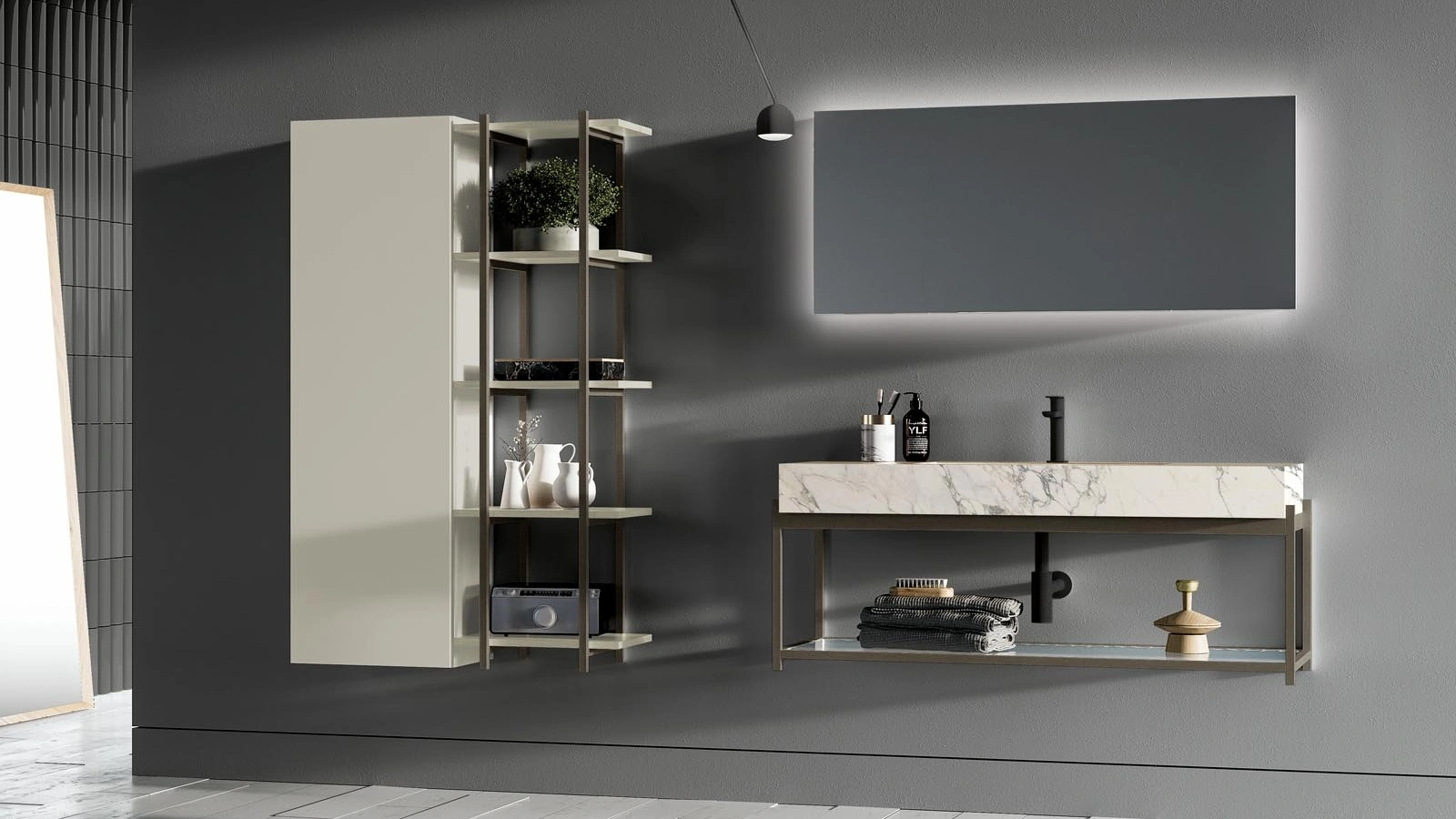 Mobile da Bagno sospeso in HPL Statuario e laccato opaco tortora Sidéro 02 di Birex