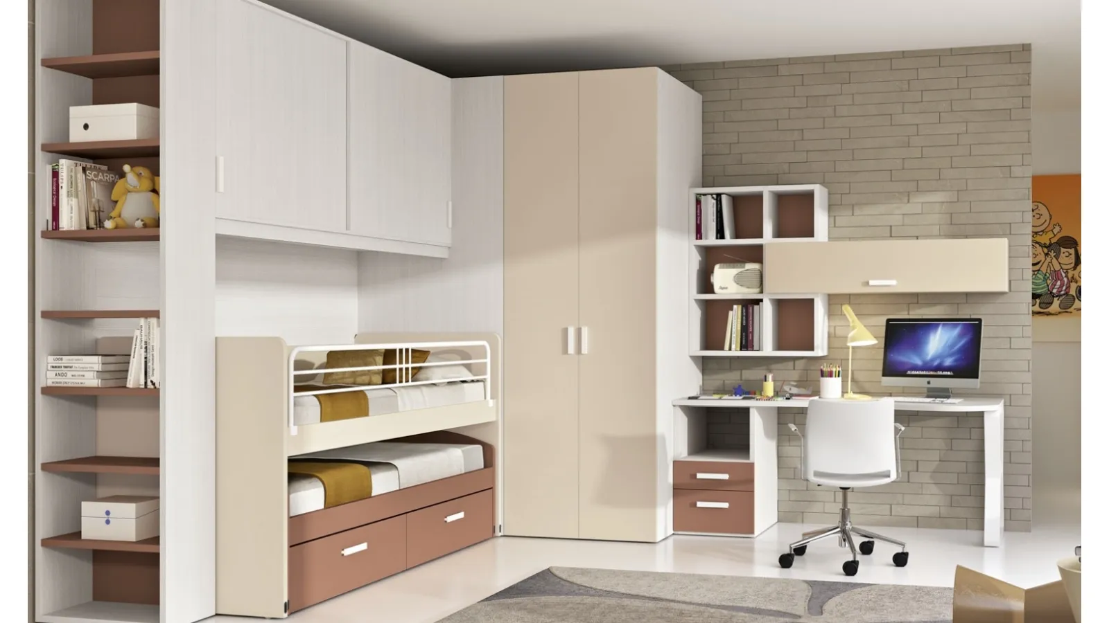 Cameretta 144 a ponte con secondo letto estraibile e scrivania di Ferrimobili