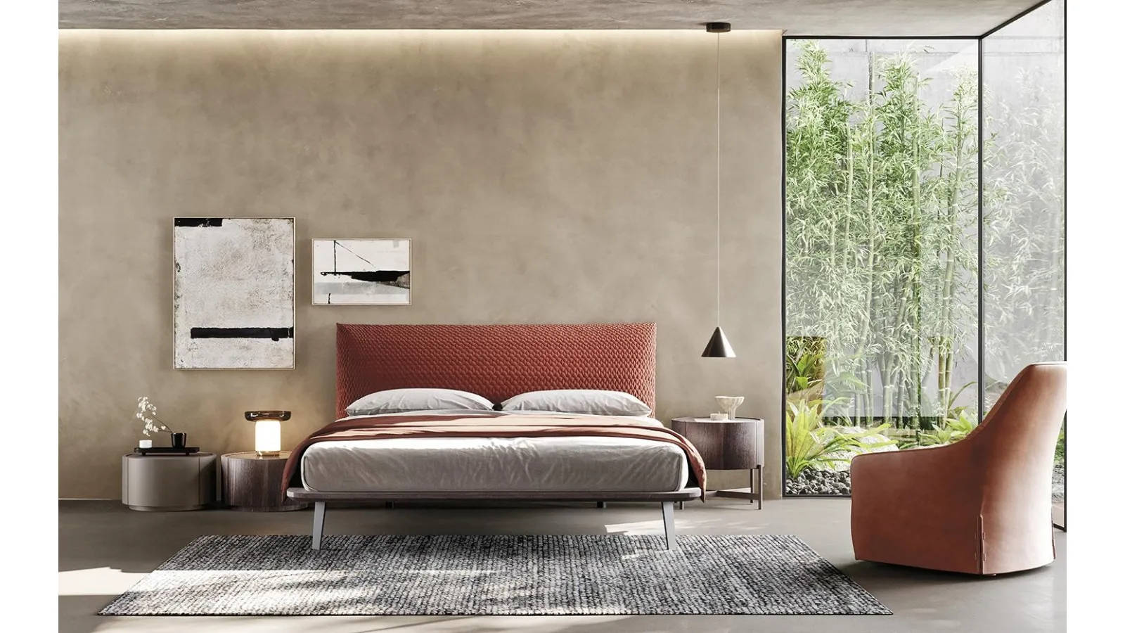 Letto Testiera Imbottita e giroletto in legno di Mobilgam