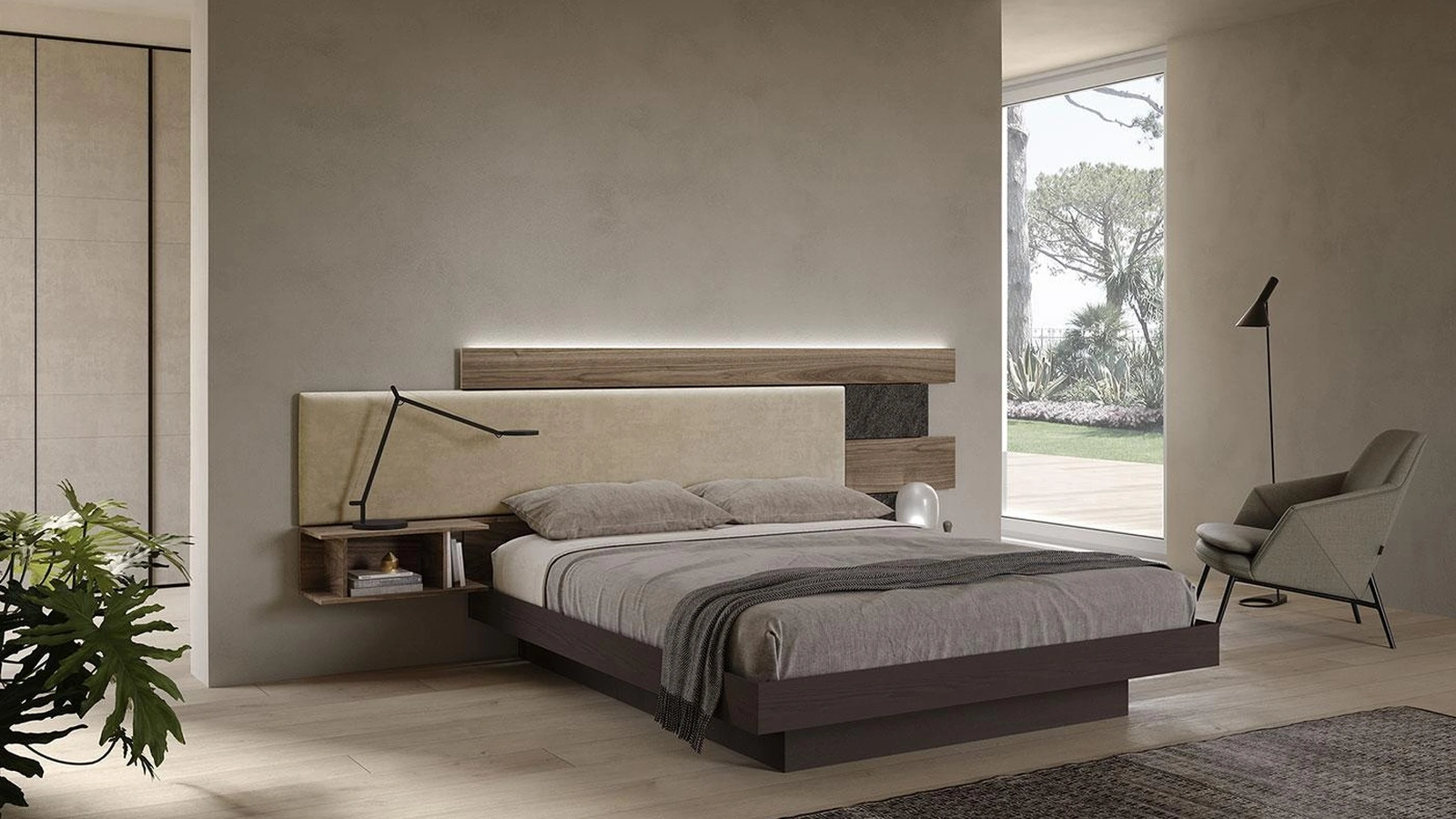 Letto Wall System Dreaming 02 in laccato con testiera in ecopelle e legno di Mobilgam