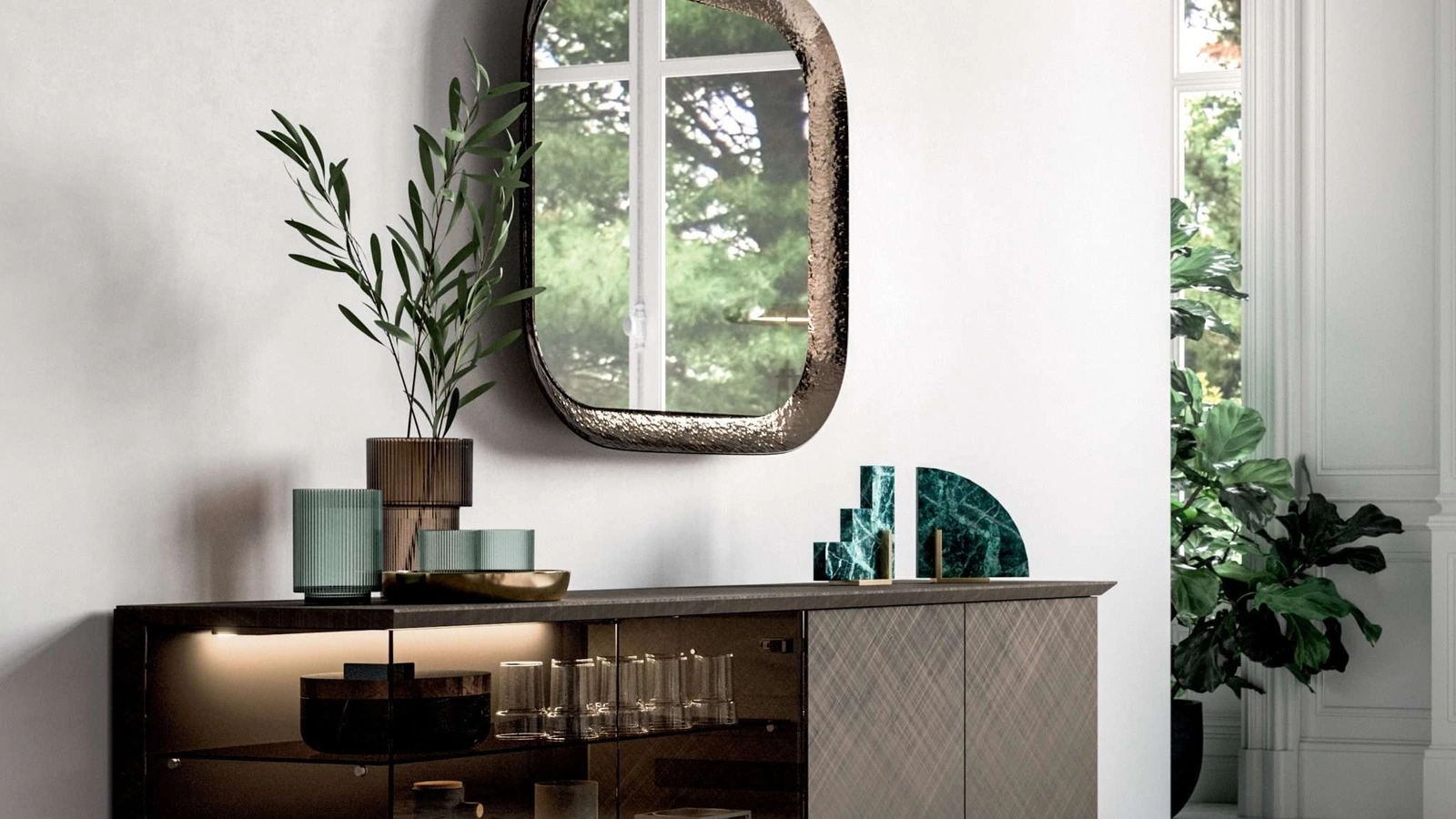 Madia a quattro ante Brera Vetro in vetro e laccato Bronzo Seta di Ozzio