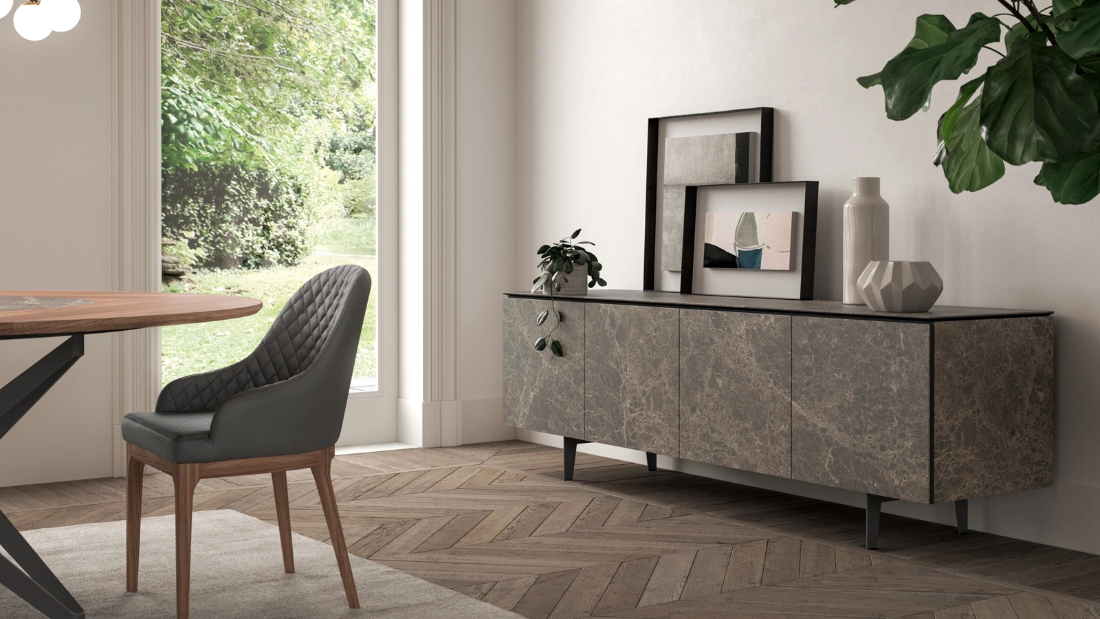 Madia moderna in ceramica Emperador con piedini in metallo Armor di Ozzio