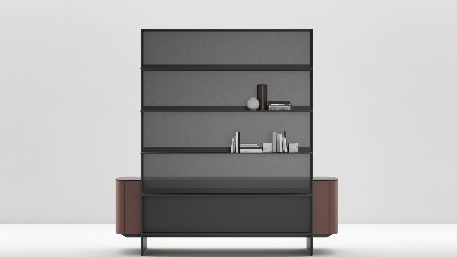 Madia con separè libreria Side View in laccato opaco con top in gres di Caccaro