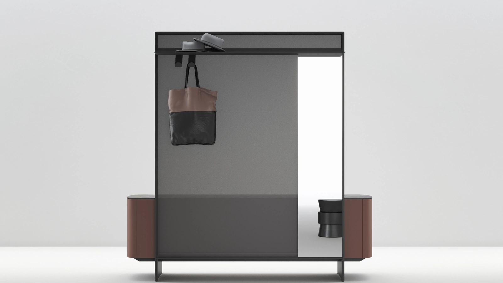 Madia con separè appendiabiti con specchio Side View in laccato opaco con top in gres di Caccaro