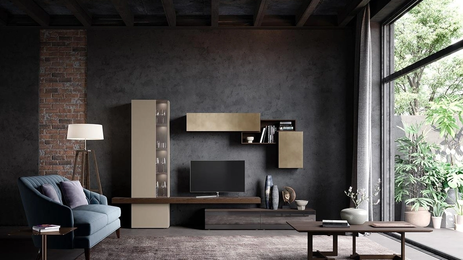 Parete Attrezzata Composizione Horizon 914 in laccato lucido, opaco e legno di Mobilgam