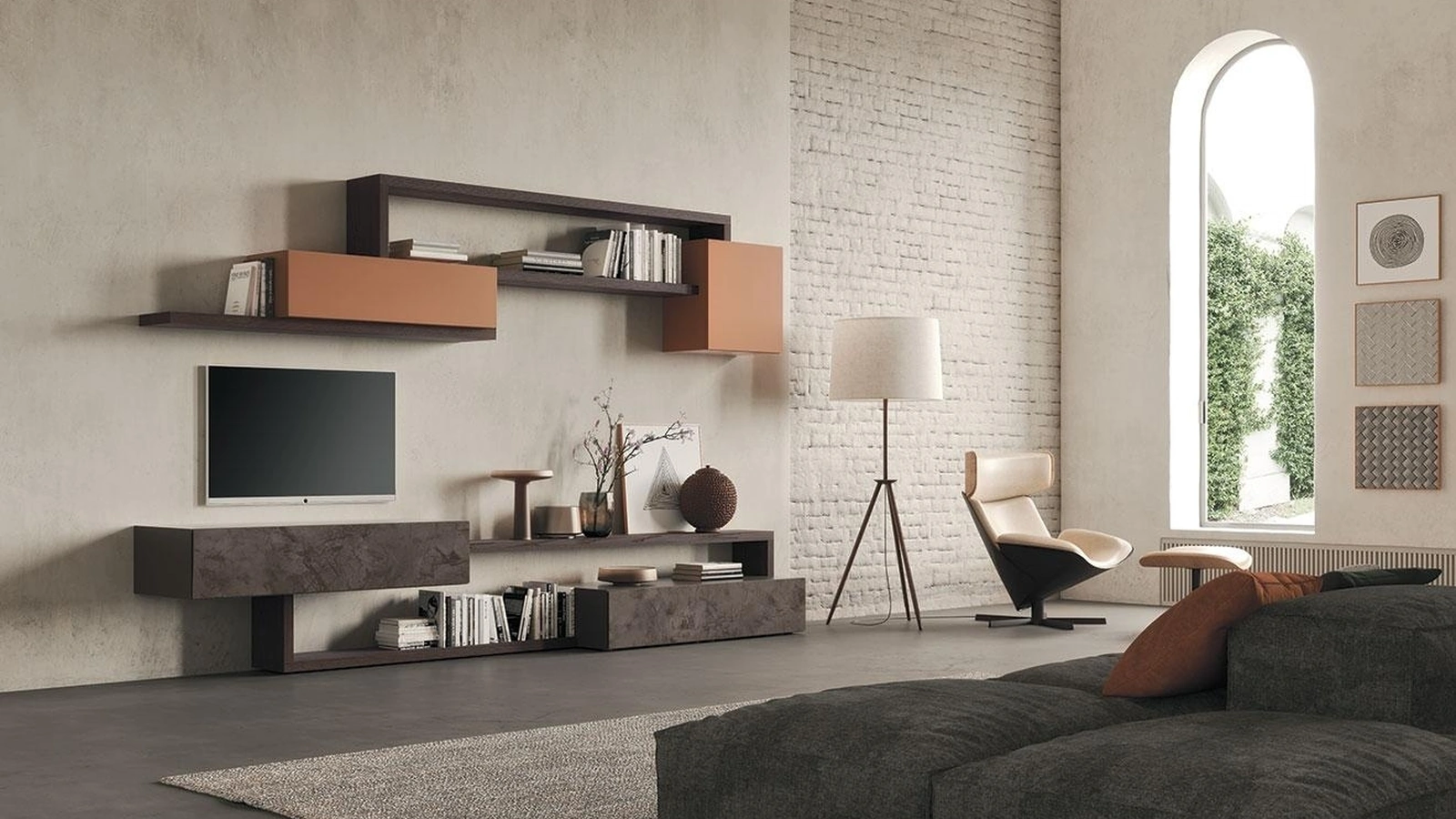 Parete Attrezzata Composizione Horizon 933 in materico e laccato opaco di Mobilgam