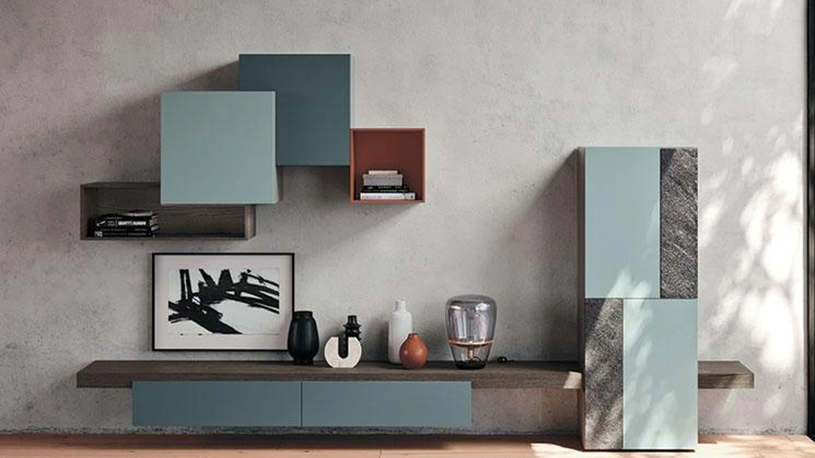 Parete Attrezzata Composizione Horizon 917 bis in laccato opaco e laminato di Mobilgam