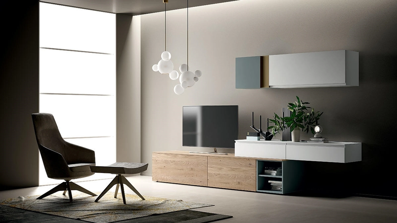 Parete Attrezzata Slim Up Comp 02 in Rovere Gesso e laccato Bianco di Dall'Agnese