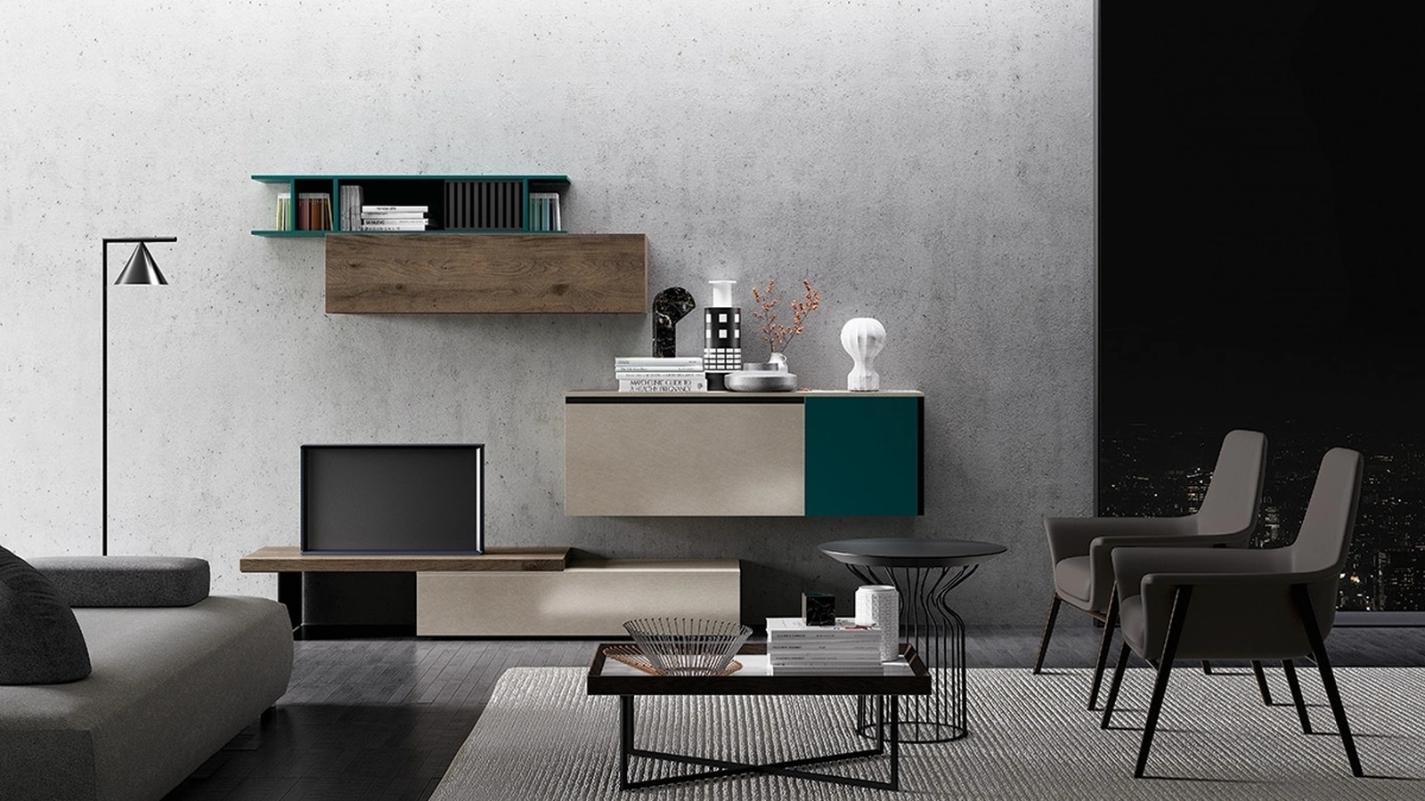 Parete Attrezzata Slim Up Comp 04 in Laccato Metallico e Rovere Castoro di Dall'Agnese