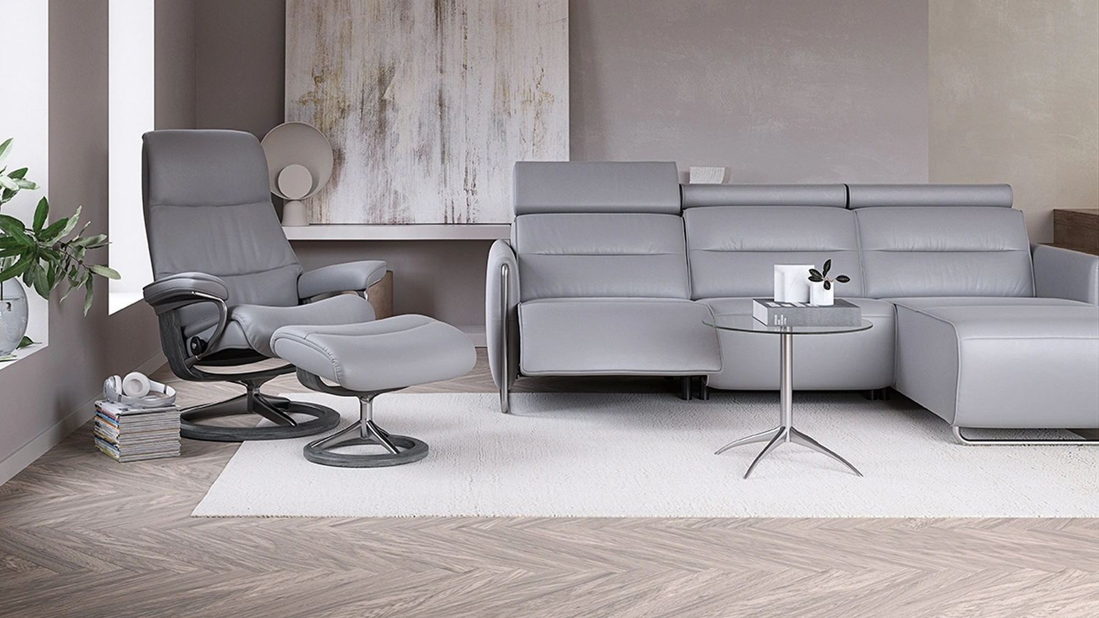 Divano relax ergonomico in pelle con penisola e poggiatesta reclinabili Emily Steel di Stressless