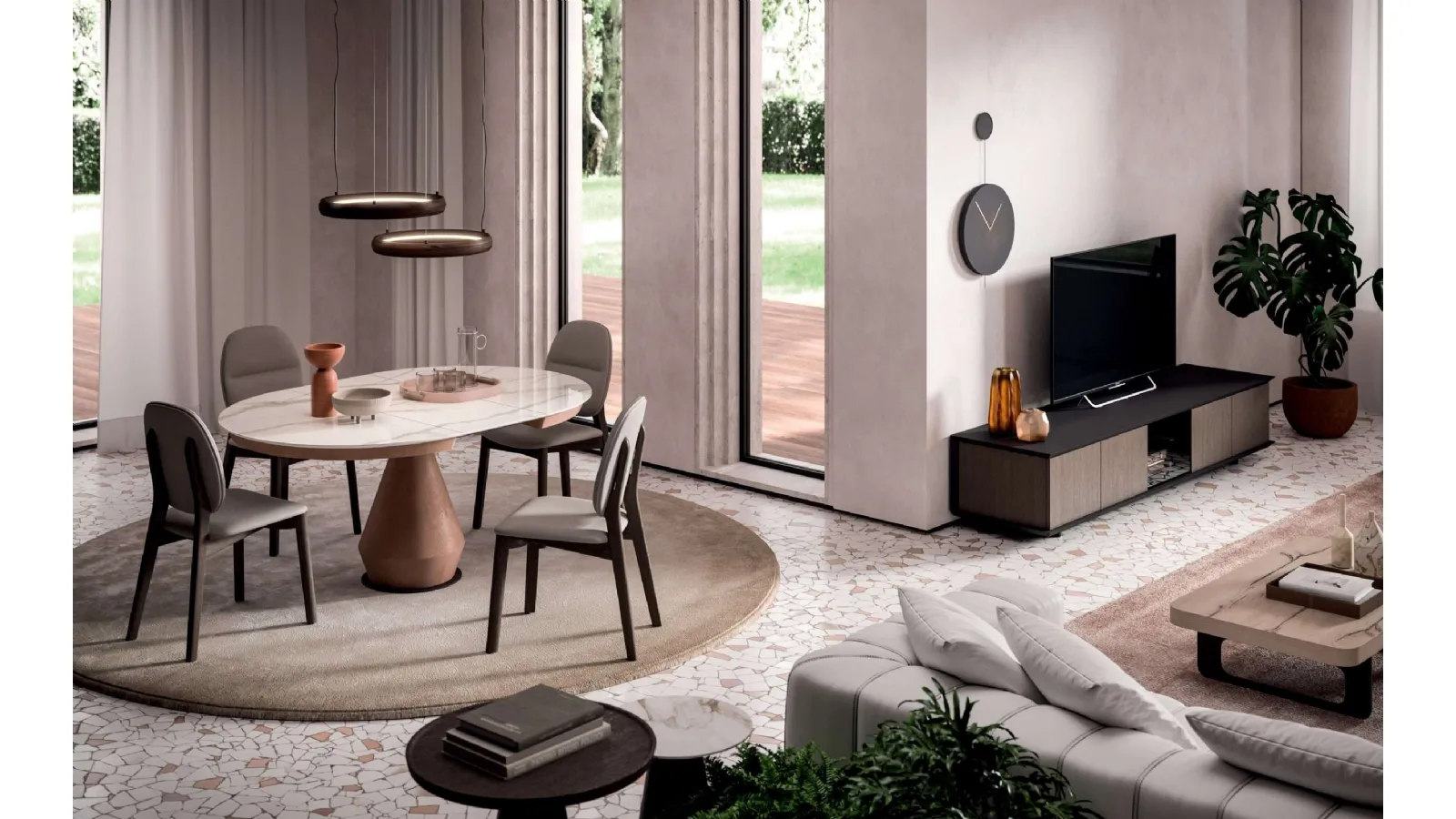 Tavolo allungabile Lycos con top in Marble Glass Calacatta Gold lucido e base in metallo verniciato Bronzo di Ozzio