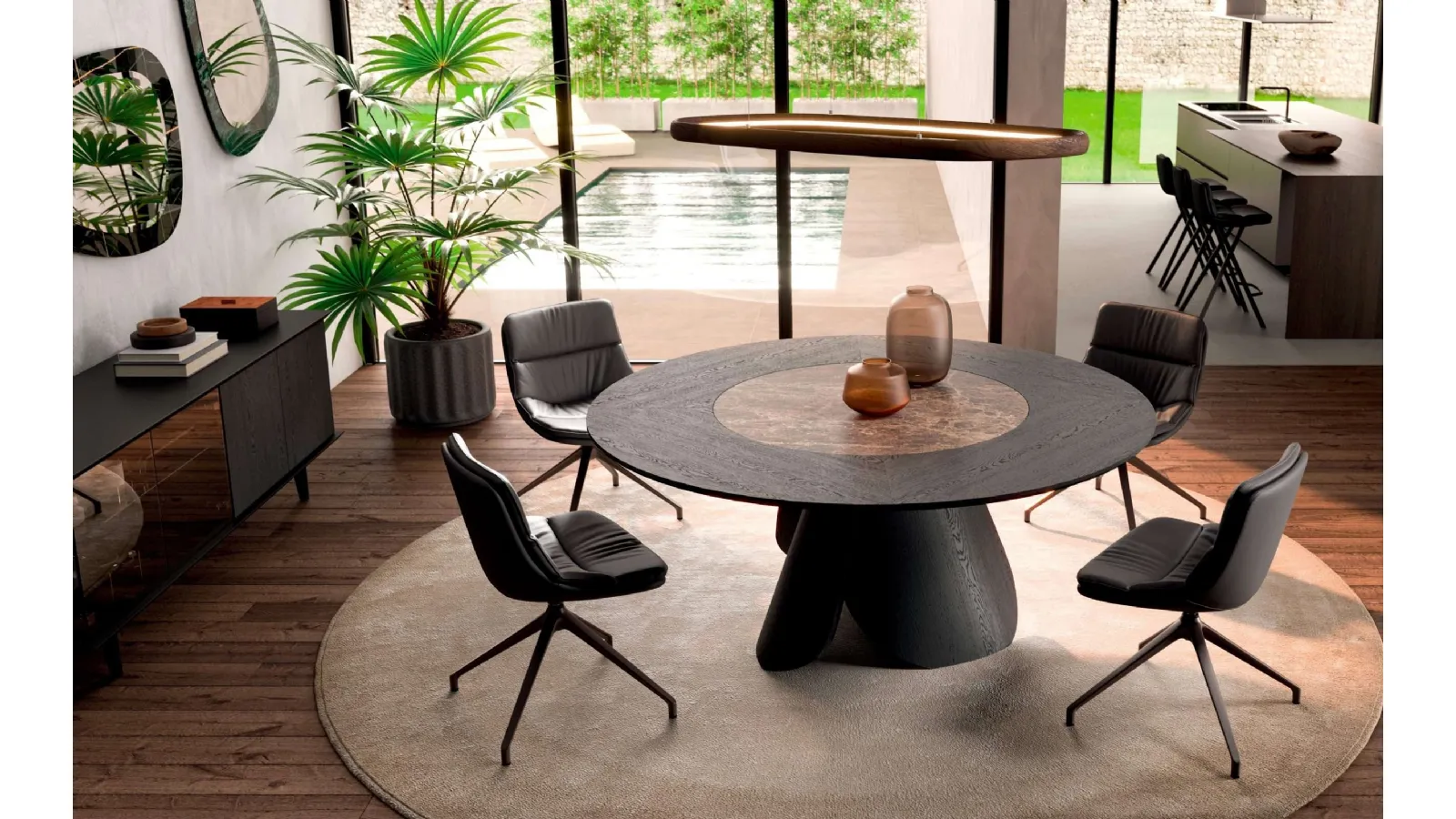 Tavolo rotondo allungabile in legno Veliero con vassoio girevole Lazy Susan in ceramica incassato nel piano di Ozzio