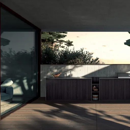 Cucina Design lineare Barrel Outdoor in Rovere con top in acciaio di Key Cucine