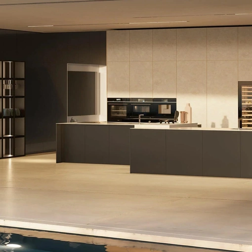 Cucina Design in fibra di carbonio con isola Aspen C4K di Doimo Cucine
