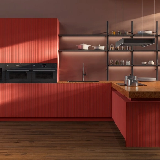 Cucina Design con penisola Impronta 06 Incontro in laccato e marmo di Doimo Cucine