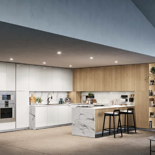Cucina Moderna con penisola D23 Bianco e Rovere di Doimo Cucine