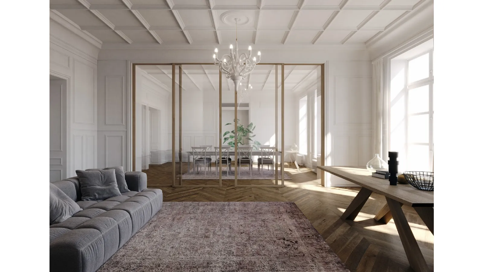 Porta per interni scorrevole Flat F1 in vetro con struttura in rovere di Foa