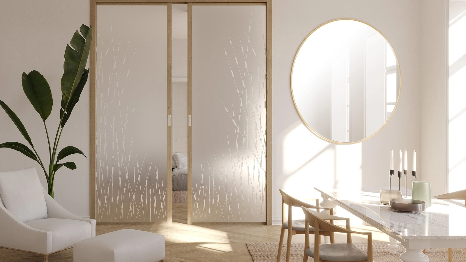 Porta per interni scorrevole Flat F1 in vetro con struttura in rovere di Foa