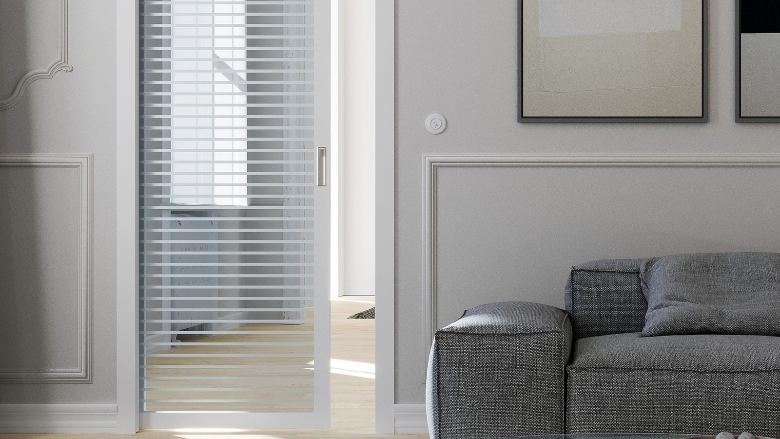 Porta per interni scorrevole Flat F1 in vetro con struttura in rovere di Foa