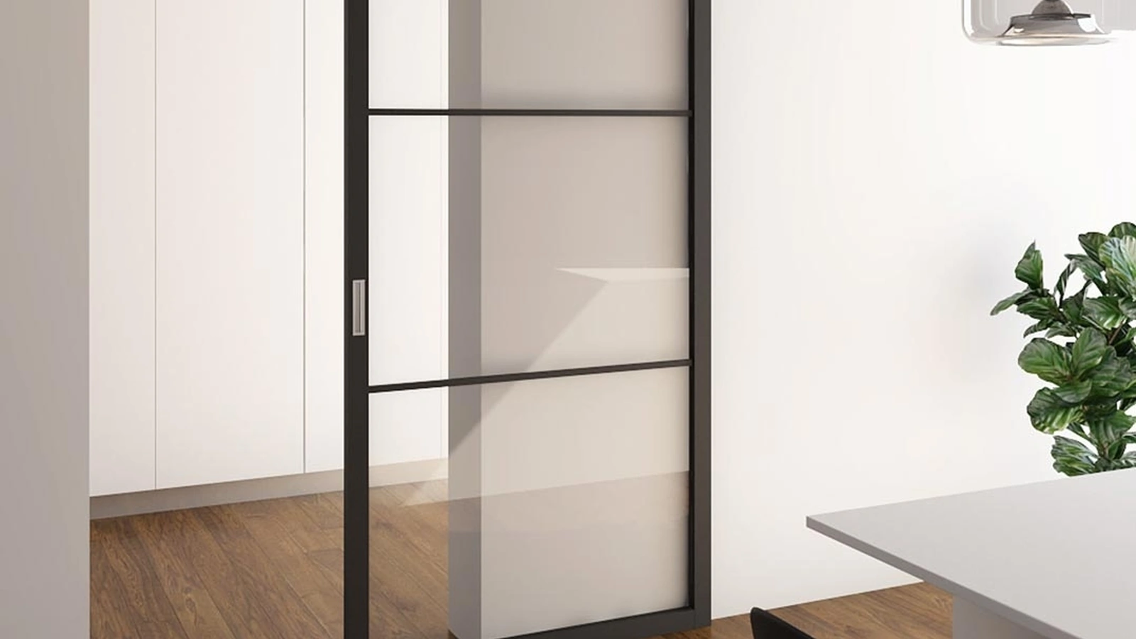 Porta per interni scorrevole Flat F3 in vetro con struttura in legno di Foa