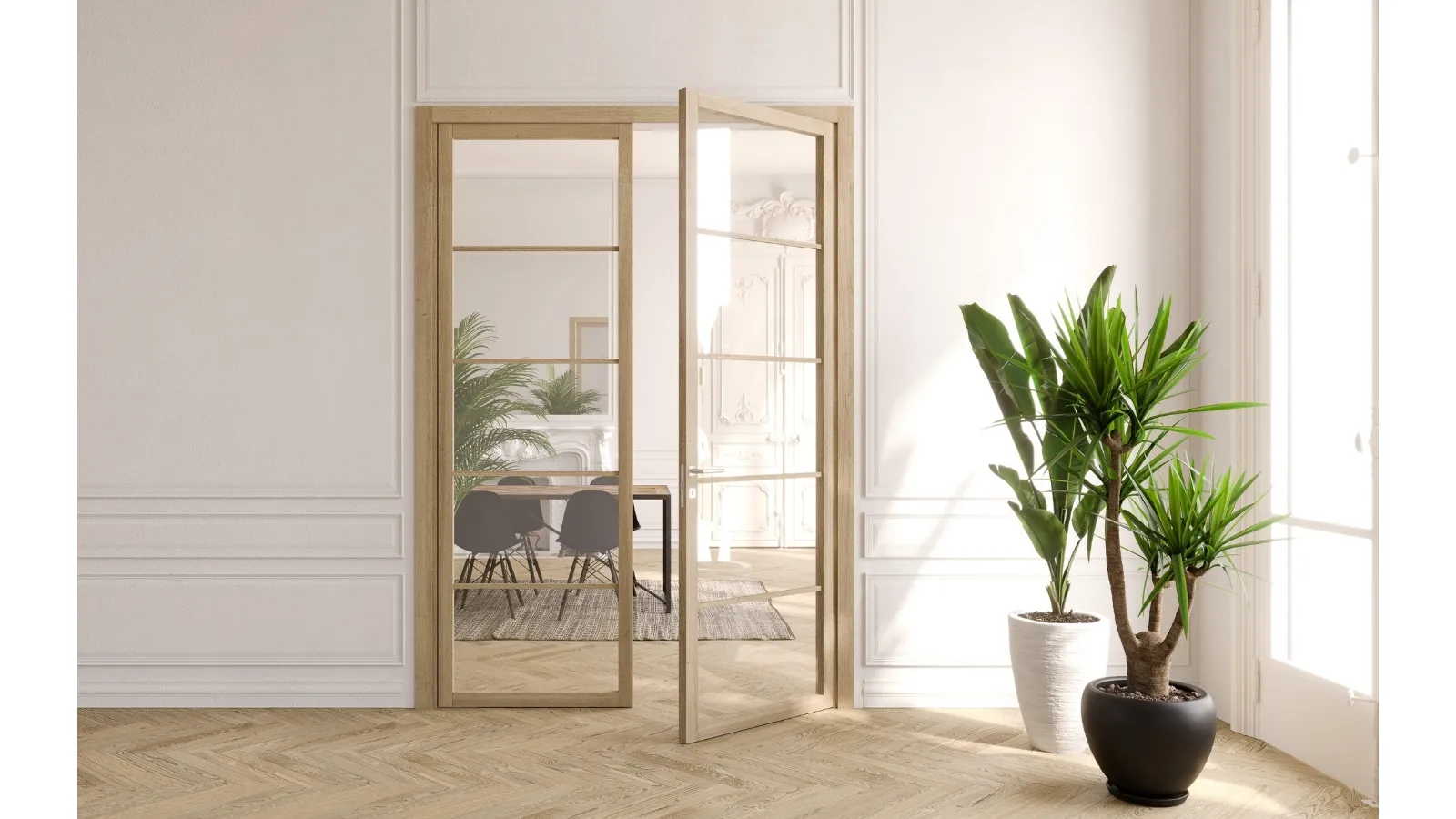 Porta per interni battente Flat F5 in vetro con struttura in rovere di Foa