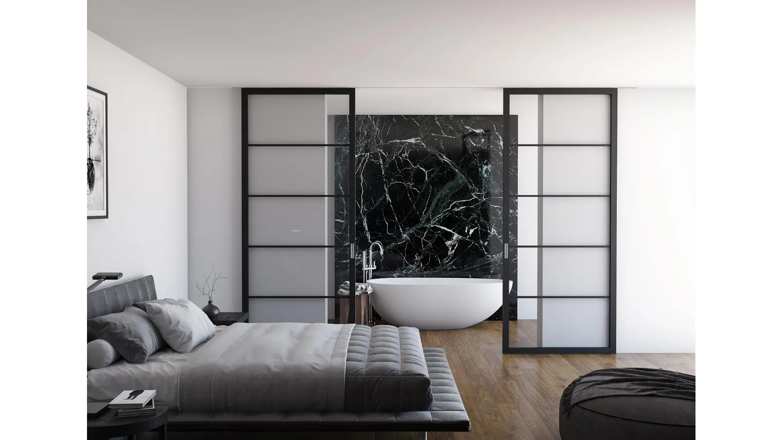 Porta per interni scorrevole Flat F5 in legno e vetro di Foa