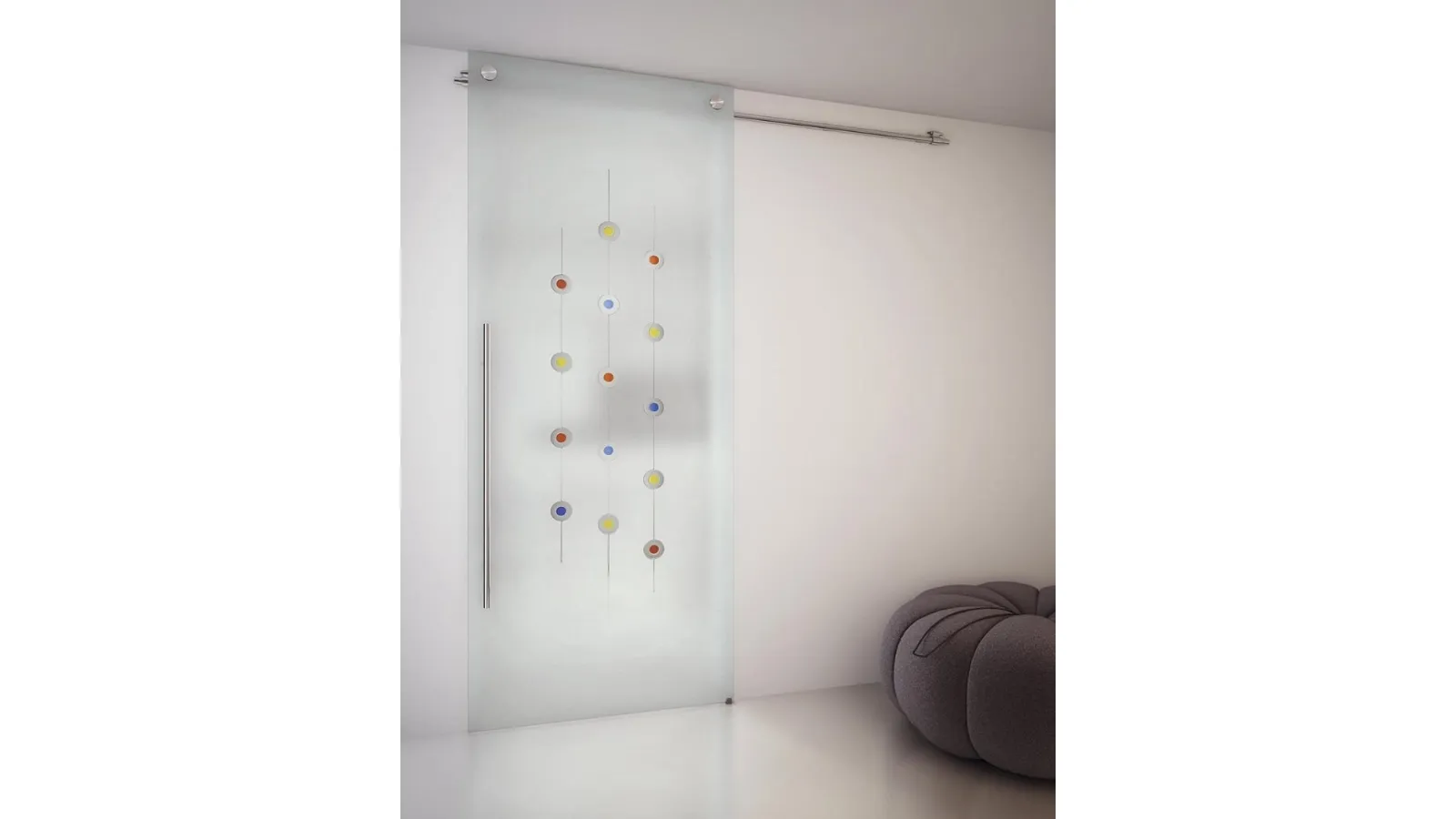 Porta per interni scorrevole Tekno Due Sirkel in vetro acidato con decoro di Foa