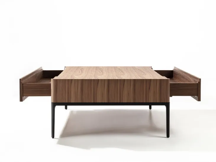 Tavolino con cassetti in noce canaletta con struttura in alluminio verniciato nero opaco Chiba di Porada