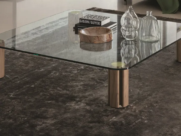 Tavolino quadrato basso con piano in cristallo trasparente Quadrifoglio di Porada