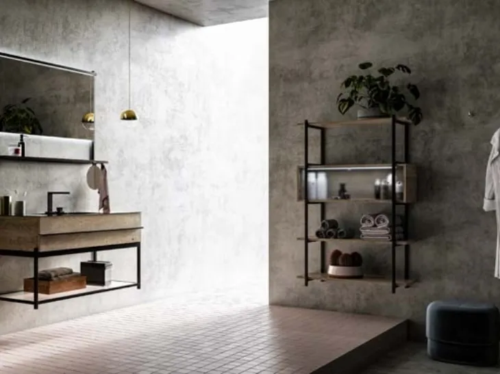 Mobile da Bagno sospeso in rovere e alluminio con top in gres Sidero 05 di Birex