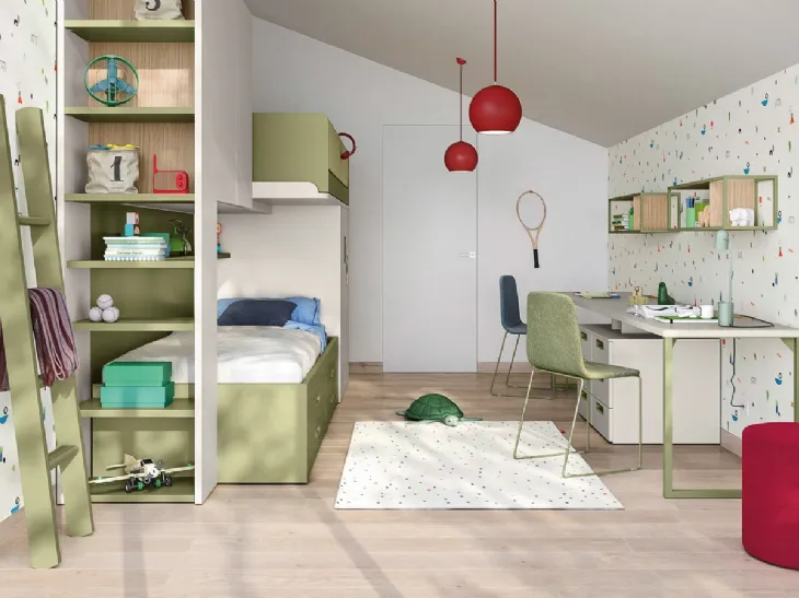 Cameretta a soppalco con scrivania Kids space 17 in melaminico di Nidi