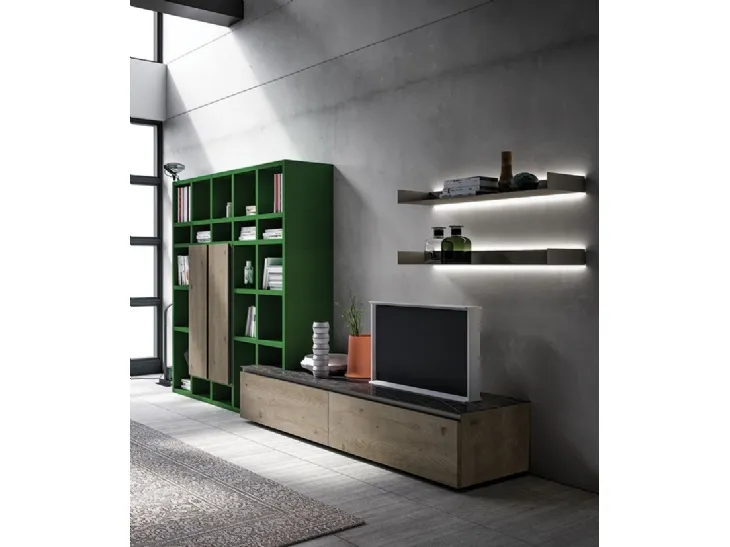 Libreria a muro Speed Up 01 in Rovere Cenere e laccato Verde Foglia di Dall'Agnese