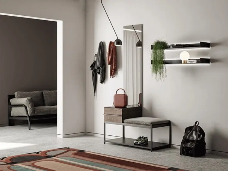 Mobile ingresso con specchiera in rovere e metallo con piano in gres effetto marmo Domì 02 di Birex