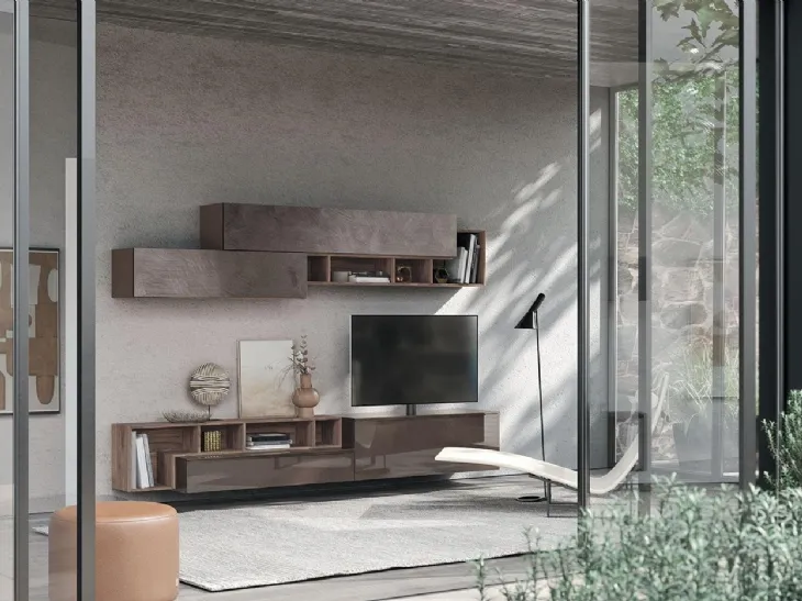 Parete Attrezzata Composizione Horizon 904 in legno, laccato lucido e materico di Mobilgam