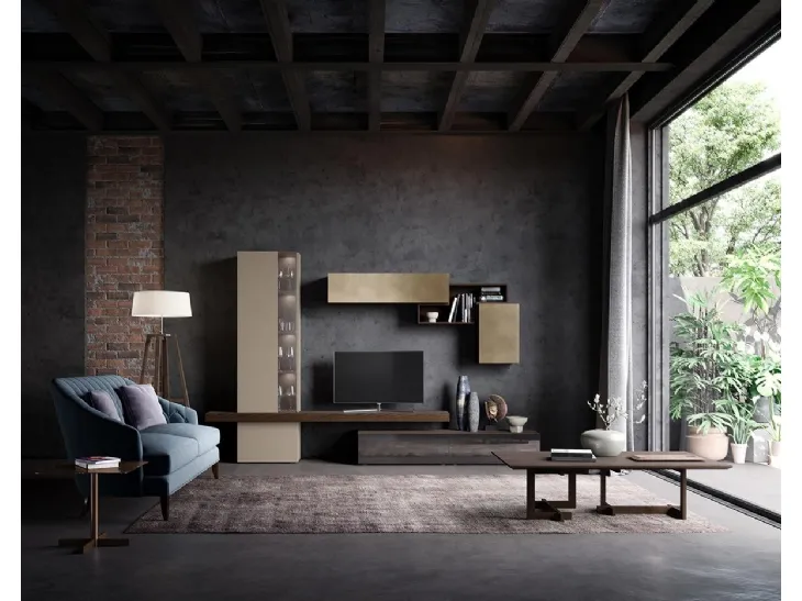 Parete Attrezzata  Composizione Horizon 914 in laccato opaco e legno di Mobilgam