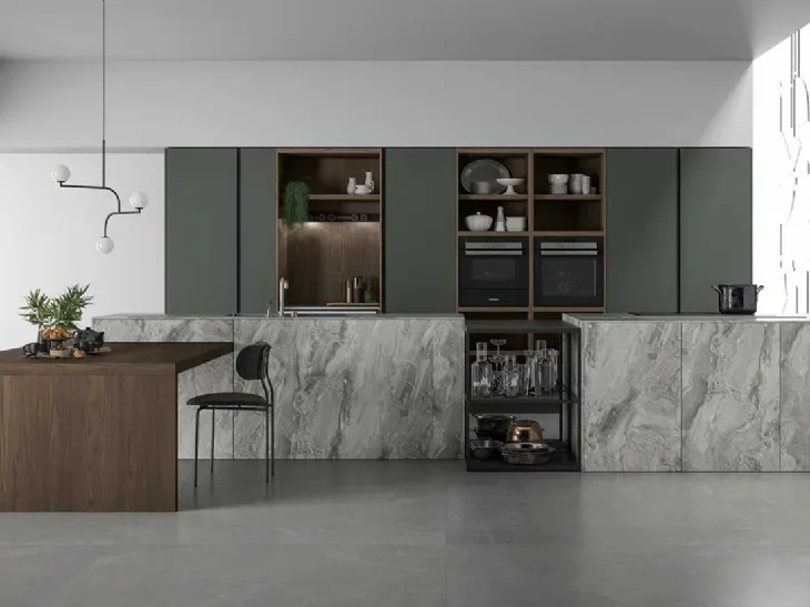 Cucina Design con doppia isola in HPL Pietra e top in vetro fumè Aspen 003 di Doimo Cucine