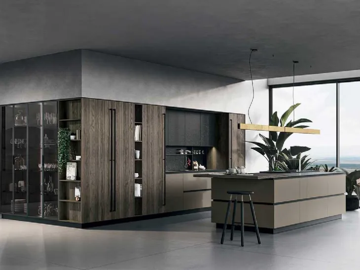Cucina Design a isola in laccato opaco con top in gres Nero e colonne in Synchroface rovere dogato Pepe D23 003 di Doimo Cucine