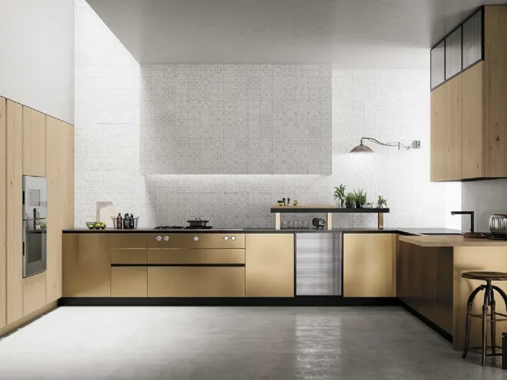 Cucina Moderna angolare in rovere Scalfito Naturale e laccato effetto ottone graffiato a mano D23 008 di Doimo Cucine